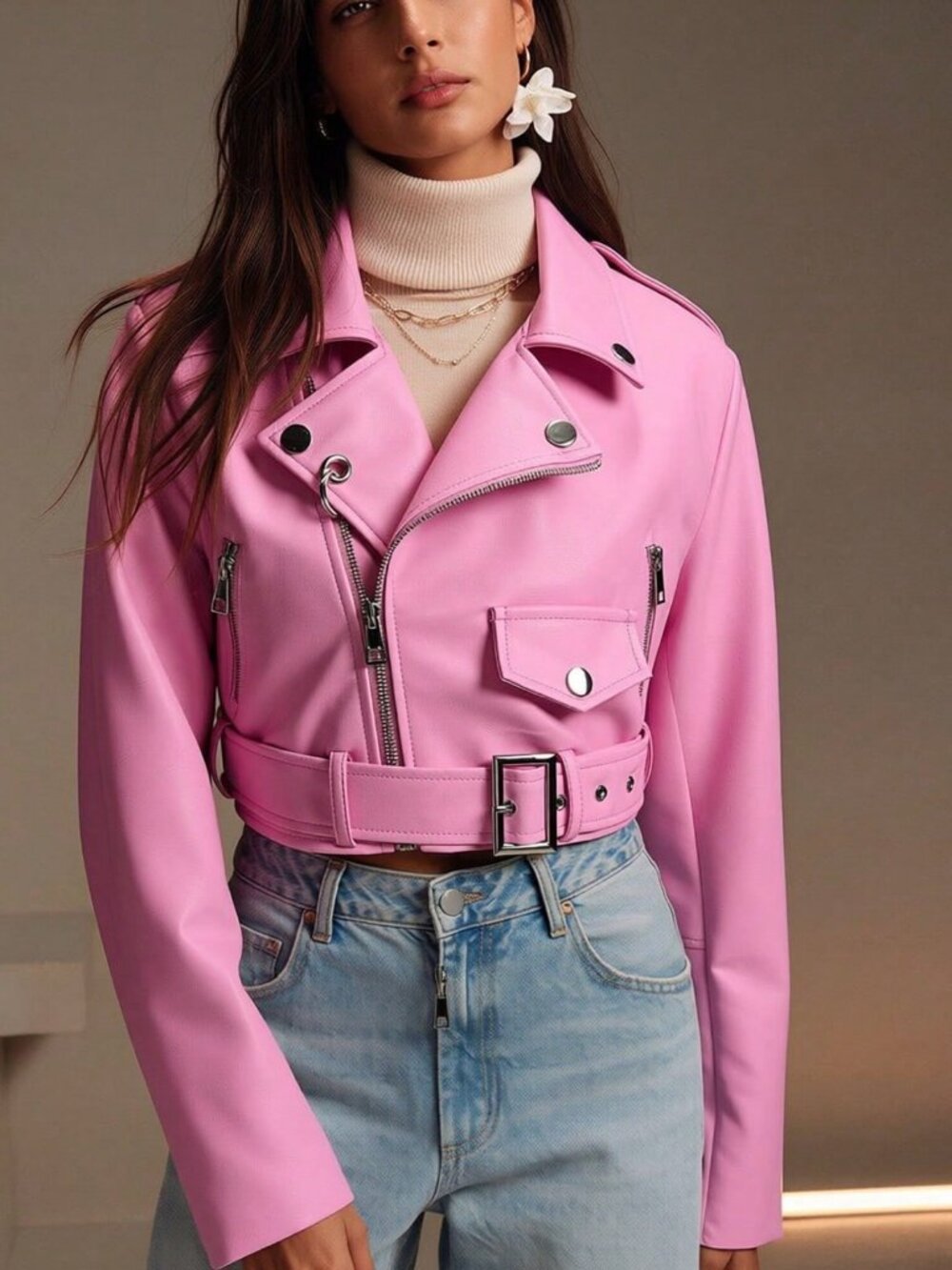 Baby Pink Casual Women's Faux Leather Biker Jacket - Picture 3 of 5